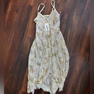 Joyfolie Ecru Lace Dress with Gold Sequins